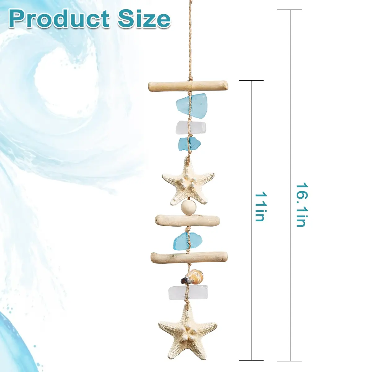 JQAQJU Sea Glass Wooden Nautical Wall Decor 49.8cm (19.6in) | Coastal Starfish Bathroom Art for Indian Homes - view 3