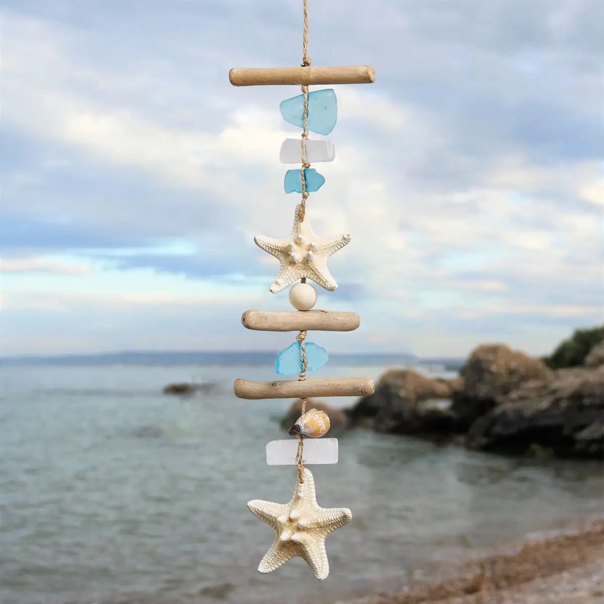 JQAQJU Sea Glass Wooden Nautical Wall Decor 49.8cm (19.6in) | Coastal Starfish Bathroom Art for Indian Homes - view 4