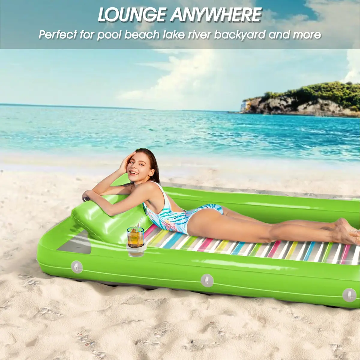 Jasonwell Inflatable Tanning Pool Lounger Float - Lime Green Large | 2.44 kg (5.38 lb) with 500 lb Capacity - view 5