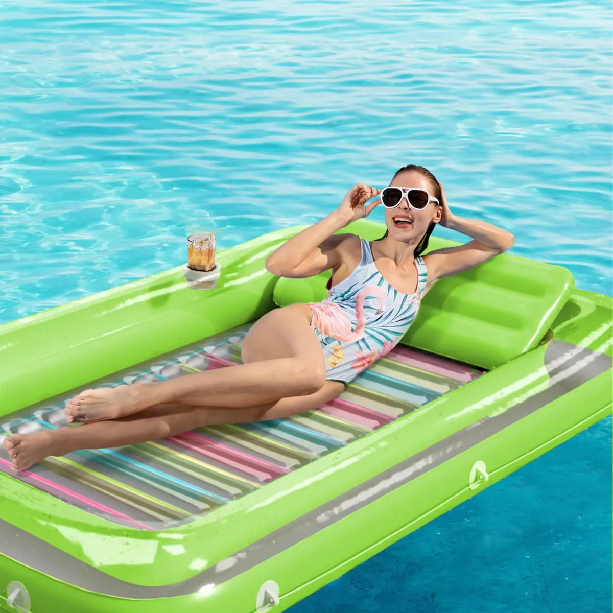 Jasonwell Inflatable Tanning Pool Lounger Float - Lime Green Large | 2.44 kg (5.38 lb) with 500 lb Capacity - view 6