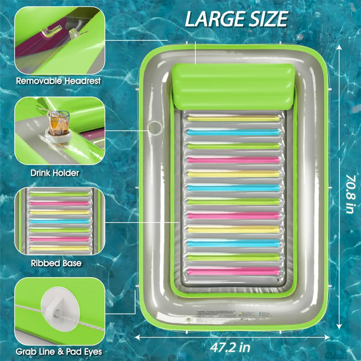 Jasonwell Inflatable Tanning Pool Lounger Float - Lime Green Large | 2.44 kg (5.38 lb) with 500 lb Capacity - view 4