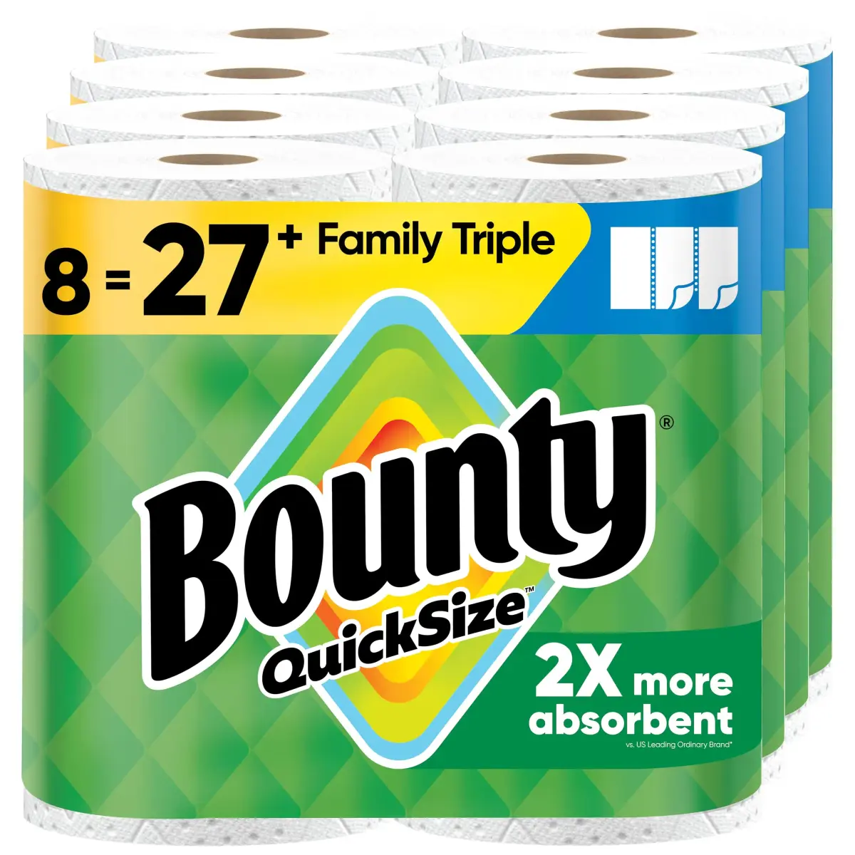 Bounty Quick-Size Paper Towels, White, 8 Family Triple Rolls | 1128 Sheets - main product image