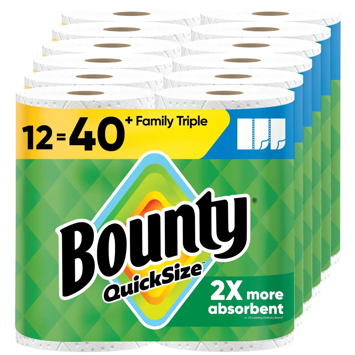 Bounty Quick-Size Paper Towels, White, 12 Family Triple Rolls (1692 Sheets) | 2x More Absorbent - main product image