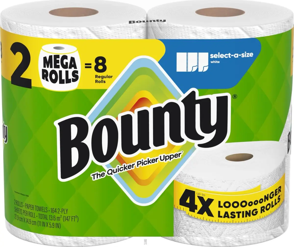 Bounty Select-A-Size Paper Towels, White, 2 Mega Rolls (328 Sheets Total) | Absorbent & Durable for Quick Mess Cleanup - main product image
