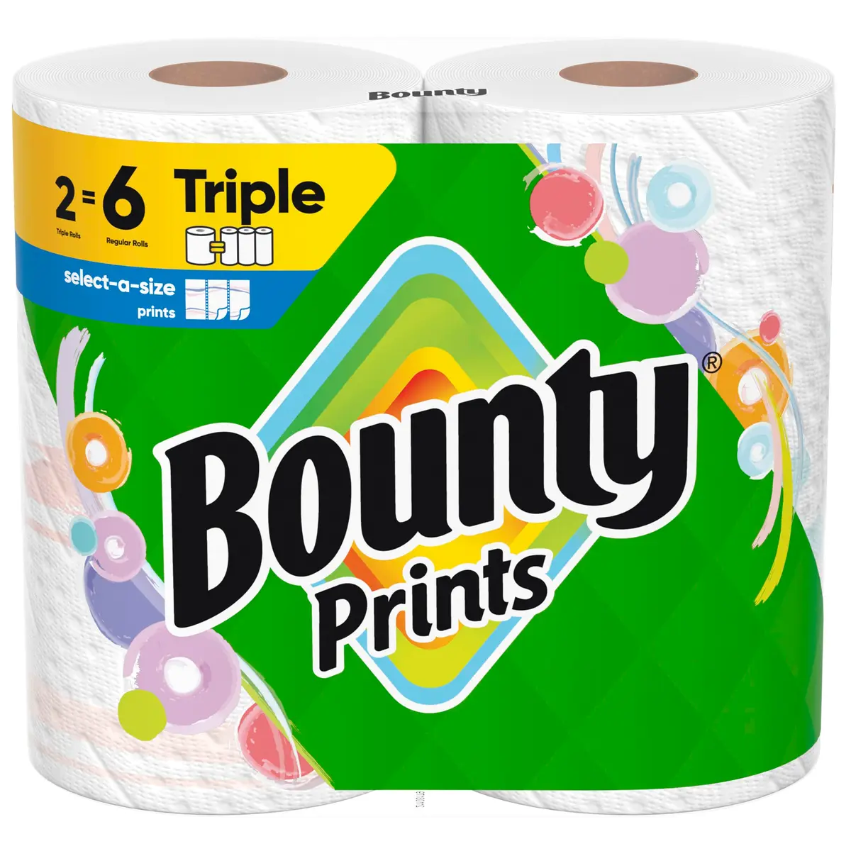 Bounty Select-A-Size Paper Towels, Prints, 2 Triple Rolls (246 Sheets) | Absorbent & Quicker Picker Upper - main product image