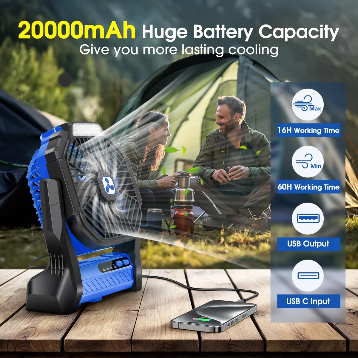 Peouix Portable Rechargeable Fan 20000mAh | Cordless Camping Fan with LED Lantern & Power Bank (270° Oscillation, 16-145H Runtime) - view 2