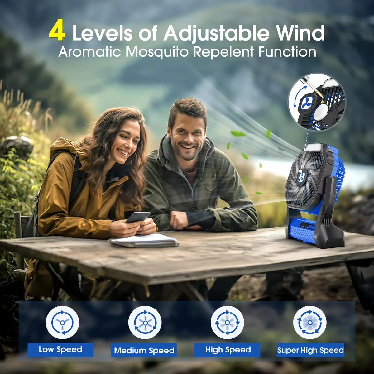 Peouix Portable Rechargeable Fan 20000mAh | Cordless Camping Fan with LED Lantern & Power Bank (270° Oscillation, 16-145H Runtime) - view 3