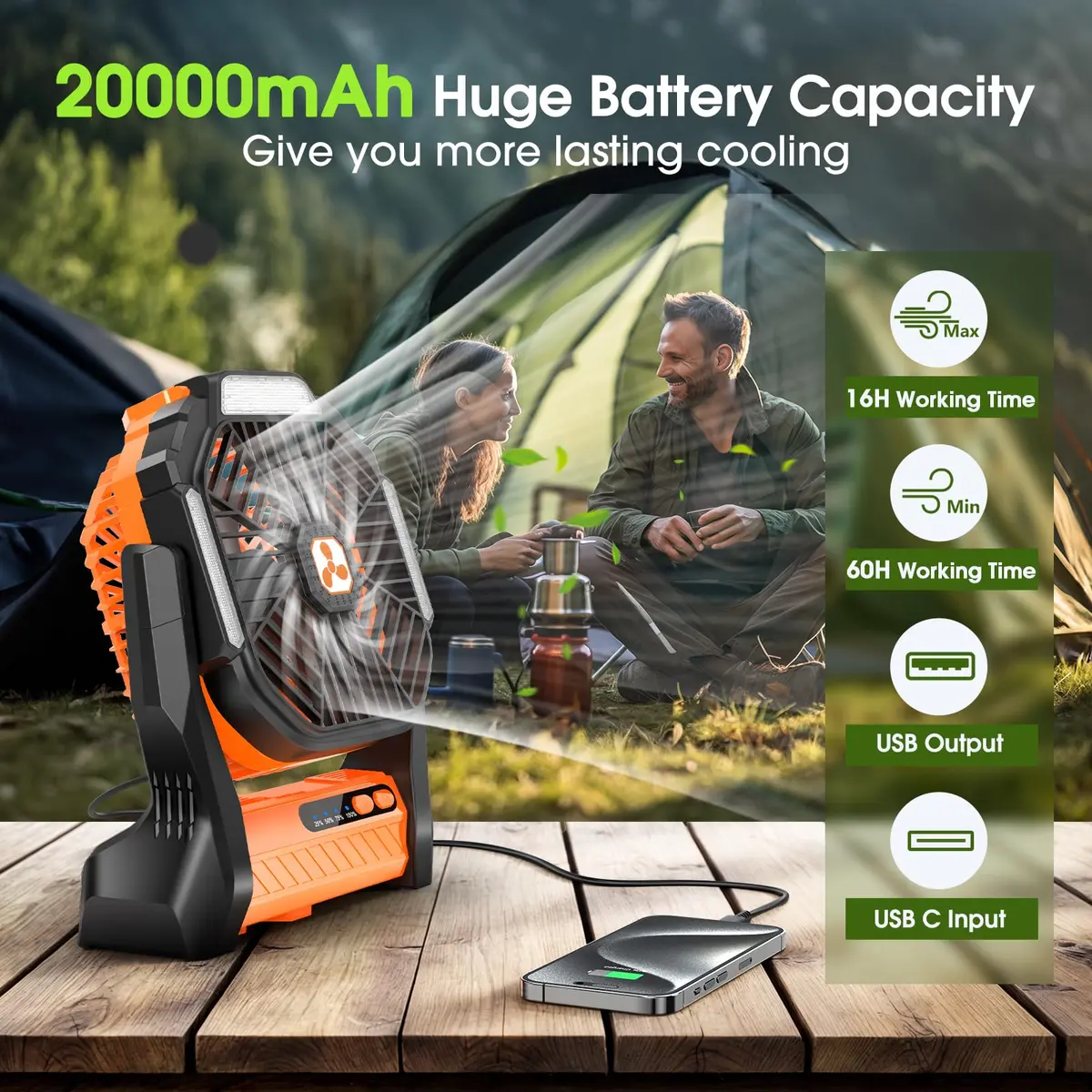 Peouix Portable Rechargeable Fan 20000mAh | Cordless Camping Fan with LED Lantern & Power Bank (≤120c) - view 2