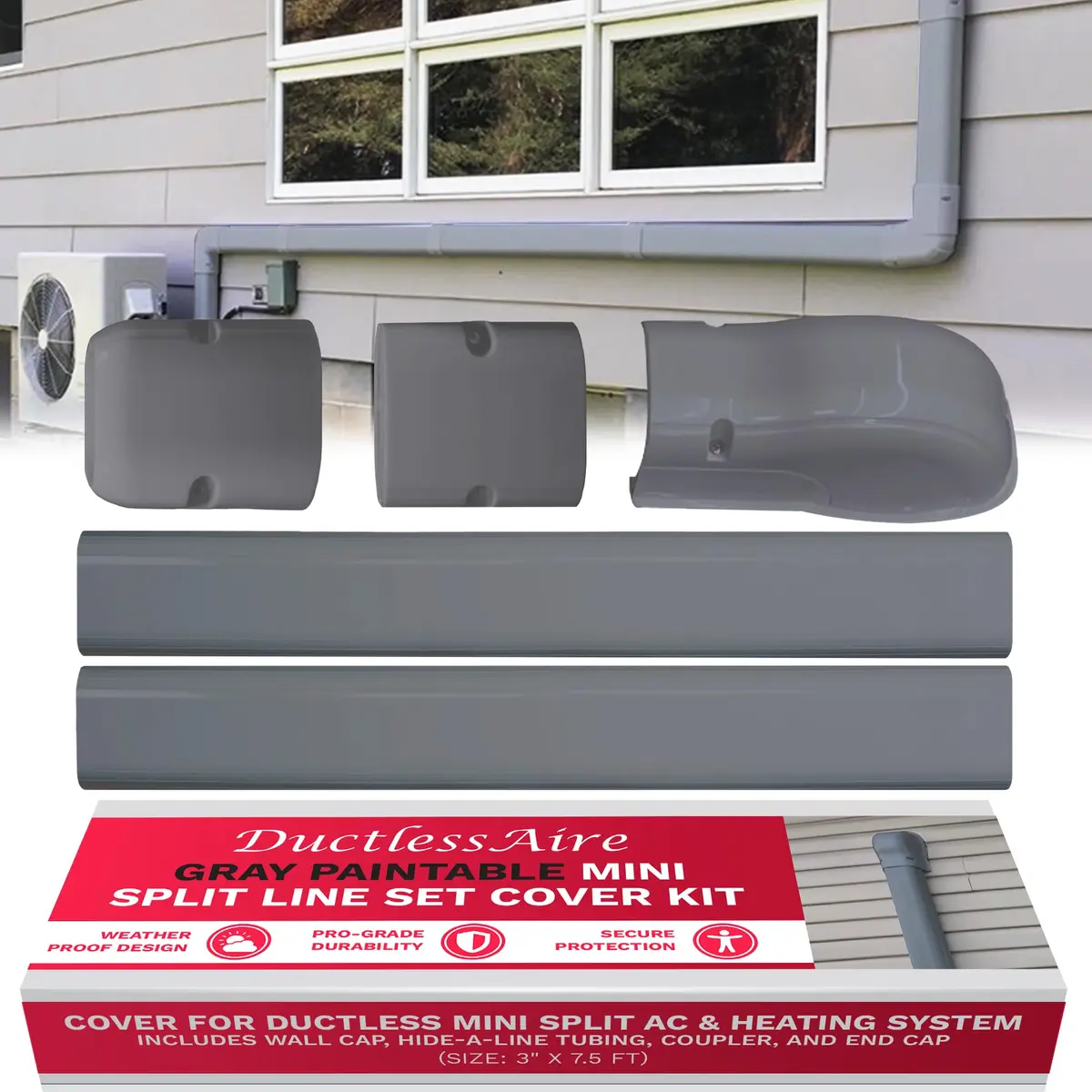DuctlessAire Gray Mini Split Line Set Cover Kit 2.29 m (7.5 ft) | Protects AC Lines for Clean Installation - main product image