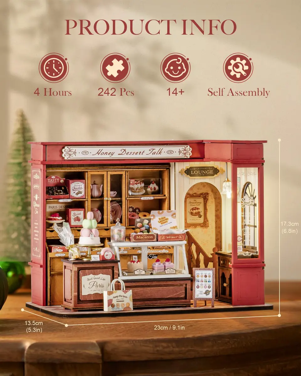 Rolife Miniature Dollhouse Kit 1:18 Scale French Dessert Shop with LED, 242 pcs, Creative Gift for Adults - view 2