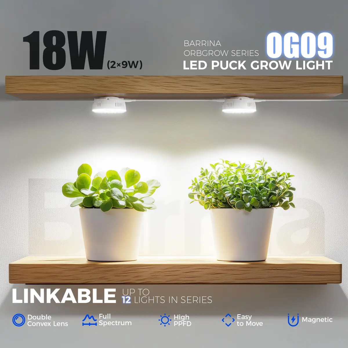 Barrina OG09 Puck Grow Light 18W Full Spectrum 5000K White 2-Pack | Linkable LED Plant Light with Timer - view 3