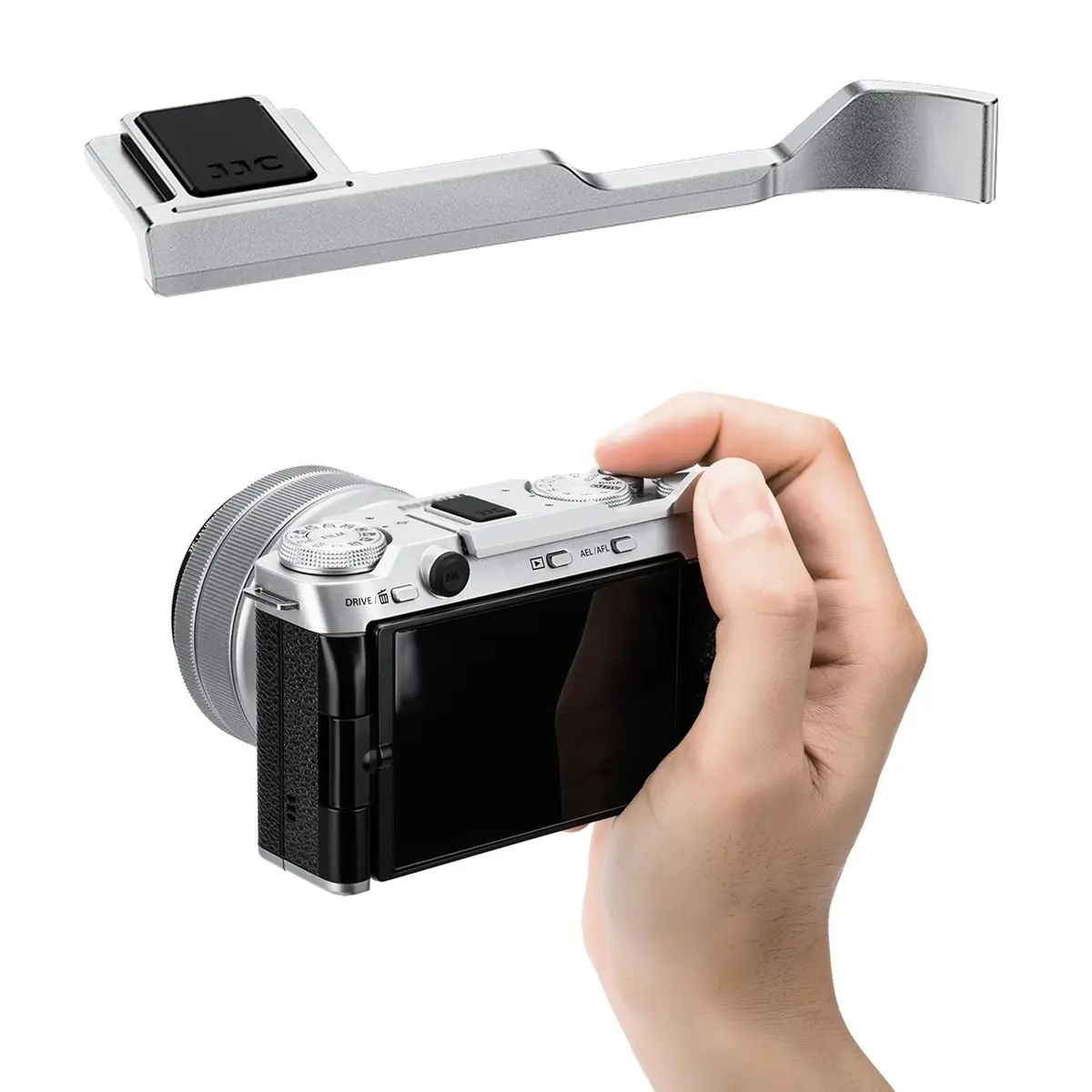 JJC Metal Thumb Grip for Fuji X-M5 XM5 Camera | Silver, Durable Aluminum Alloy, Easy Hot Shoe Fit - main product image
