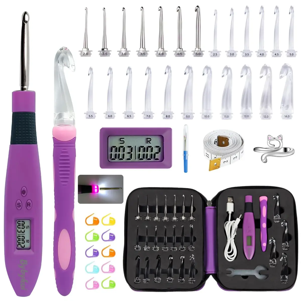 Bybykoi Light Up Crochet Hooks Set with Digital Counter & 24 Interchangeable Hooks | 2.0-14.0 mm (Metric Conversion) - main product image