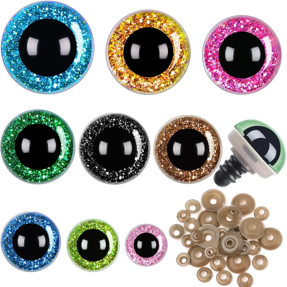 UPINS Glitter Safety Eyes with Washers 10-35mm (180 Pcs) | Assorted Colors for Amigurumi & Crafts - main product image