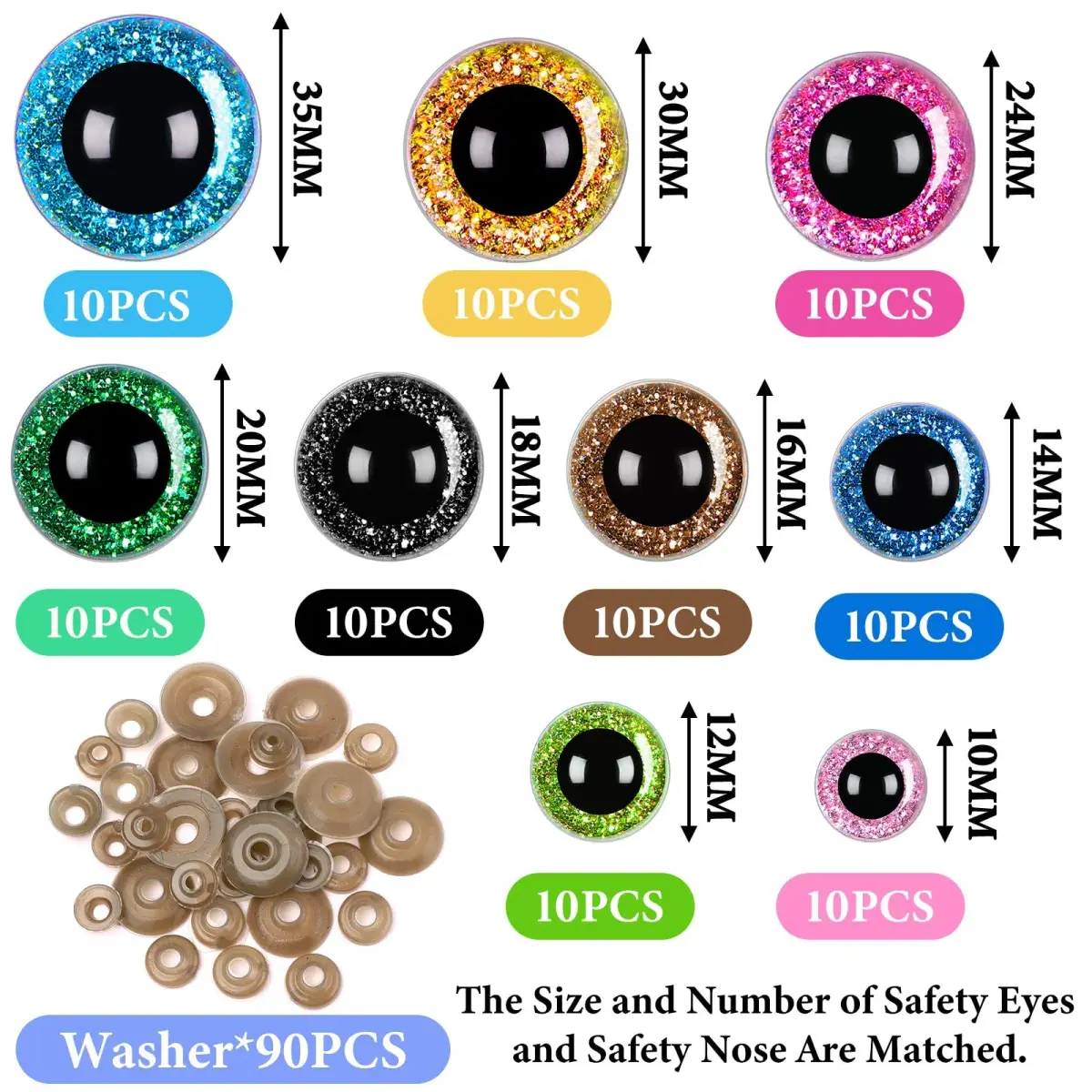 UPINS Glitter Safety Eyes with Washers 10-35mm (180 Pcs) | Assorted Colors for Amigurumi & Crafts - view 2