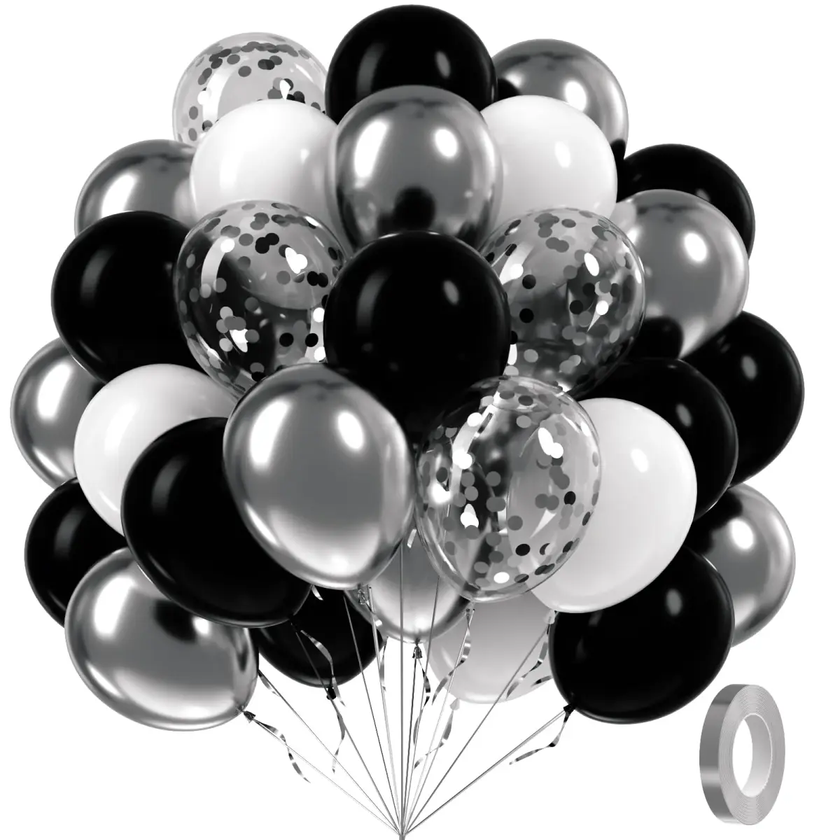 awenztech Black and Silver Balloons 12inch (30.48cm) | 60pcs Assorted Colors Party Pack - main product image