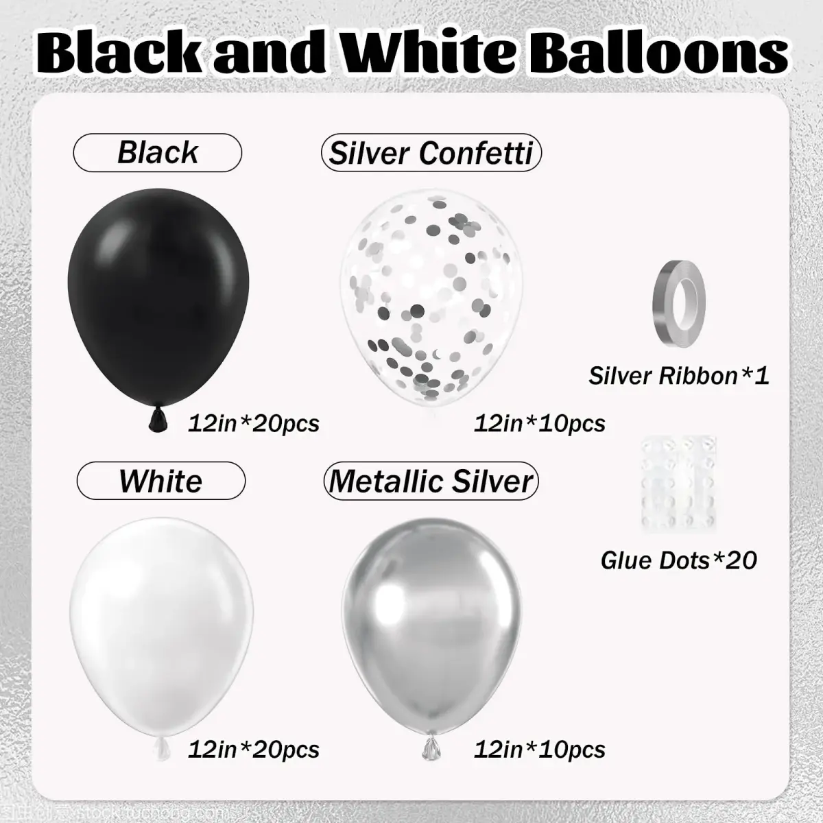 awenztech Black and Silver Balloons 12inch (30.48cm) | 60pcs Assorted Colors Party Pack - view 2