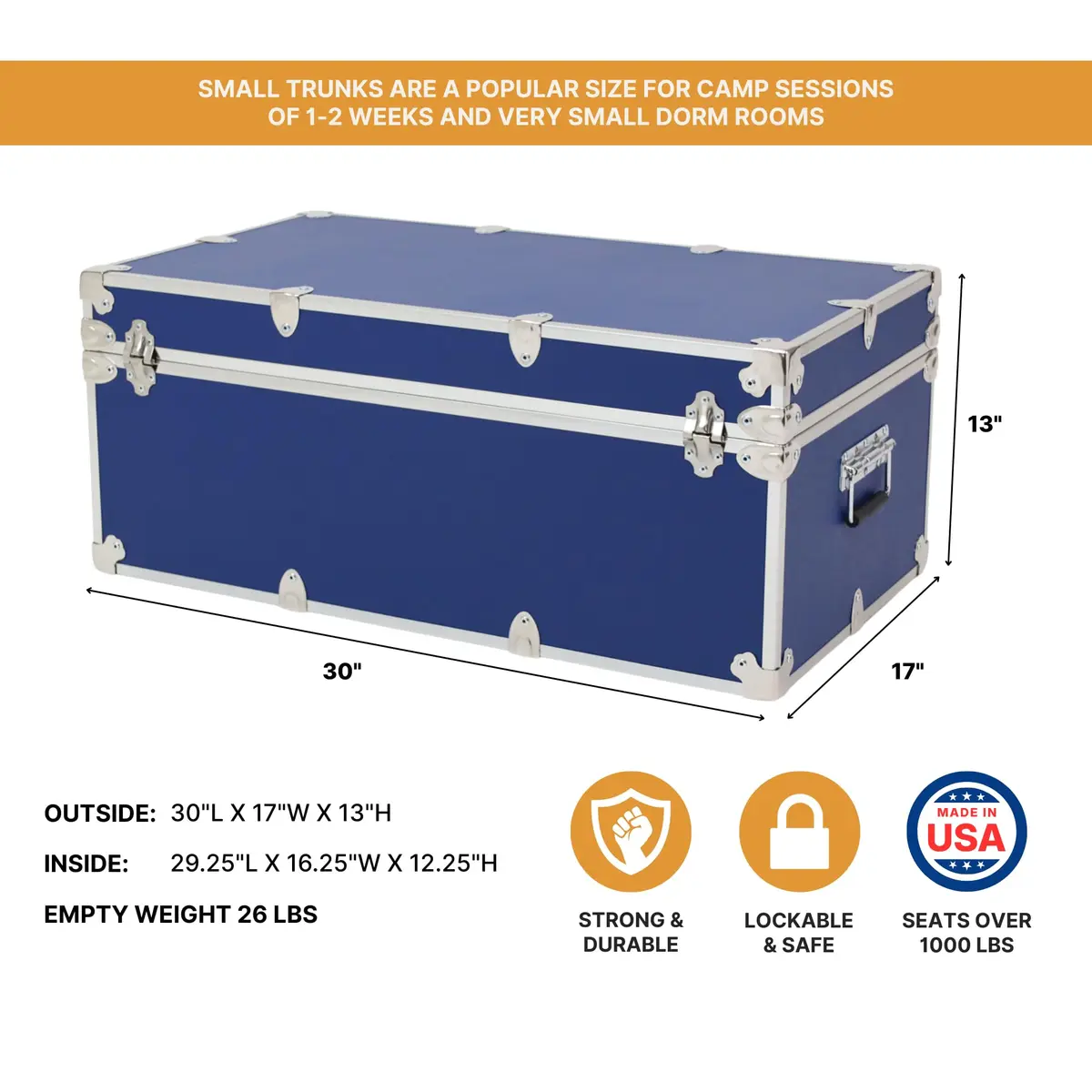 Rhino Small Essential Trunk with Wheels | Heavy-Duty Dorm & Camp Storage (30"x17"x13") - view 2