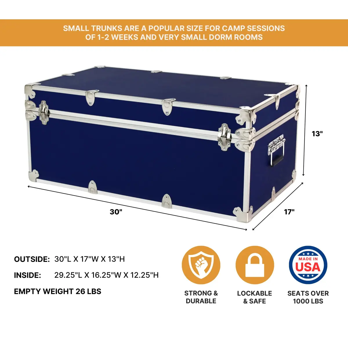 Rhino Trunk & Case Small Essential Storage Trunk 30" x 17" x 13" | Heavy Duty Dorm & Camp Storage - view 2