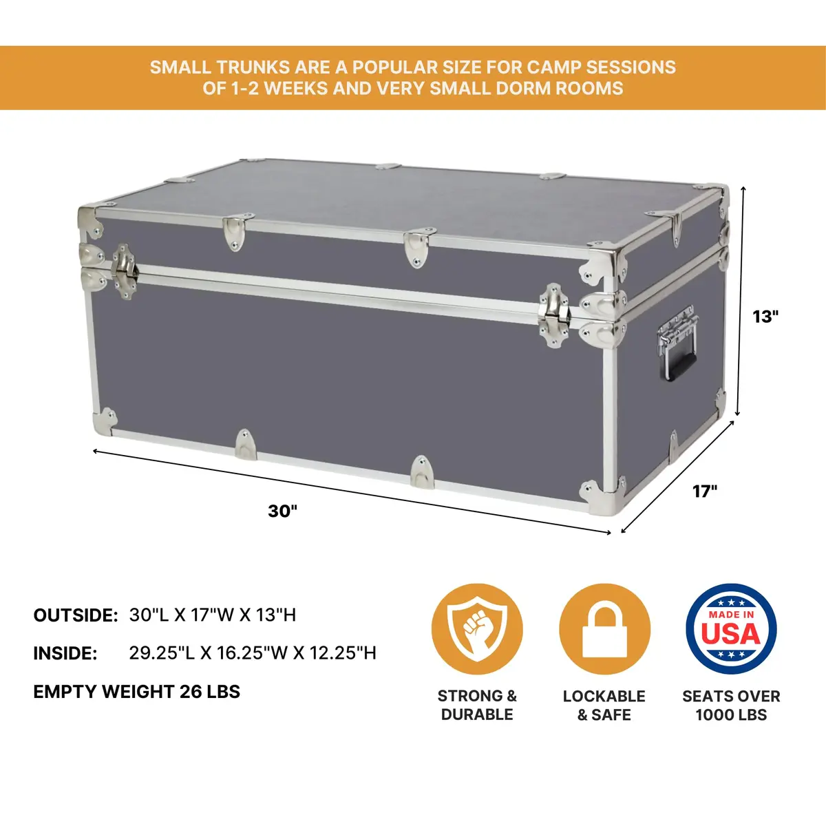 Rhino Trunk & Case Small Essential College Trunk with Wheels | Heavy Duty Dorm Storage 30"L x 17"W x 13"H - view 2