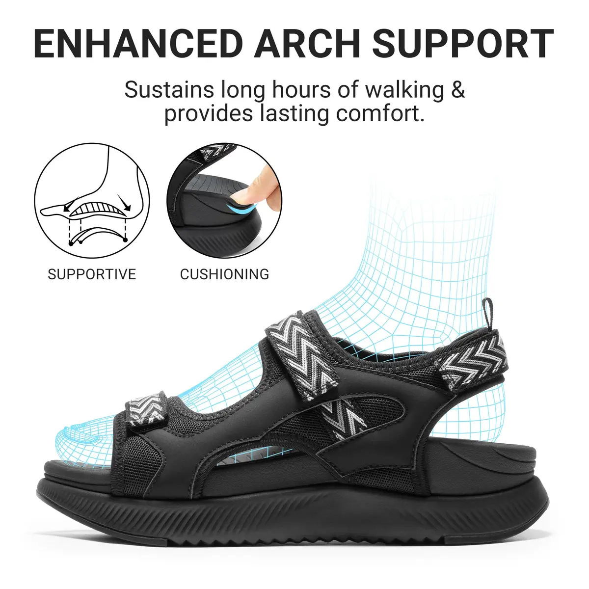 DREAM PAIRS Women's Walking Sandals Arch Support Orthopedic Recovery Hiking Sandals Thick Athletic Cushion Adjustable Strap for Plantar Fasciitis, Size 9 (US), All Black | 4.6 cm (1.8 in) Platform Heel - view 3