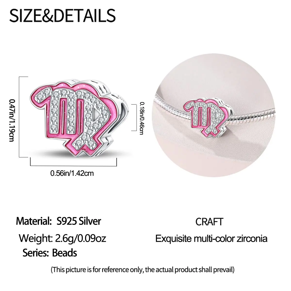 LIGHTDOG S925 Sterling Silver Zodiac Sign Charm | Pink Cubic Zirconia, 4.5-5mm Hole - view 5