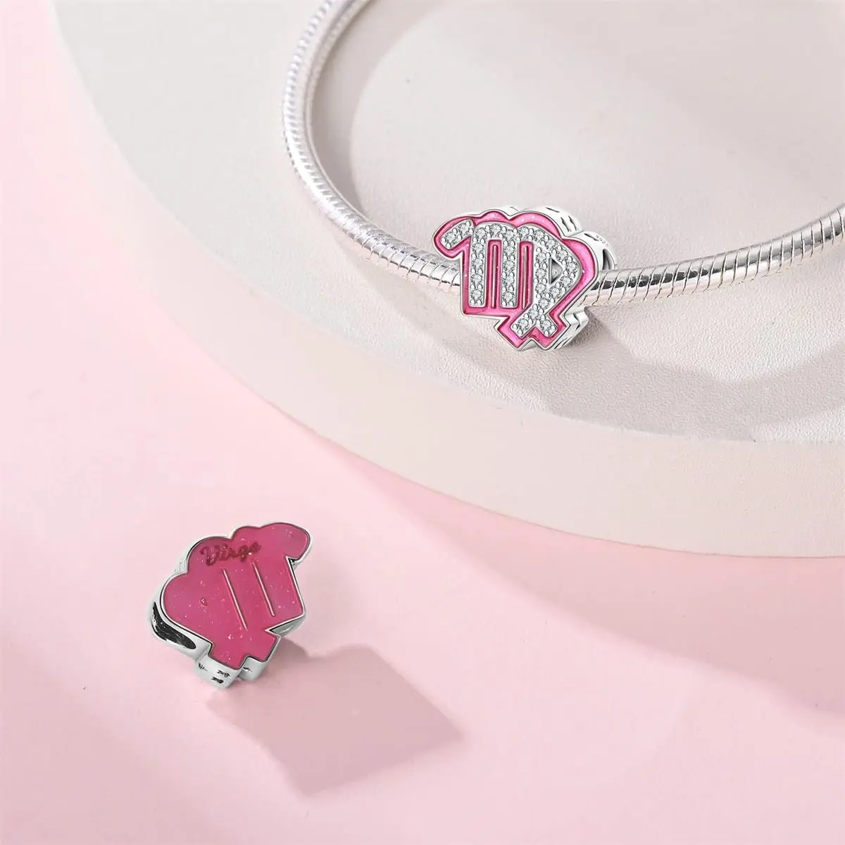 LIGHTDOG S925 Sterling Silver Zodiac Sign Charm | Pink Cubic Zirconia, 4.5-5mm Hole - view 2