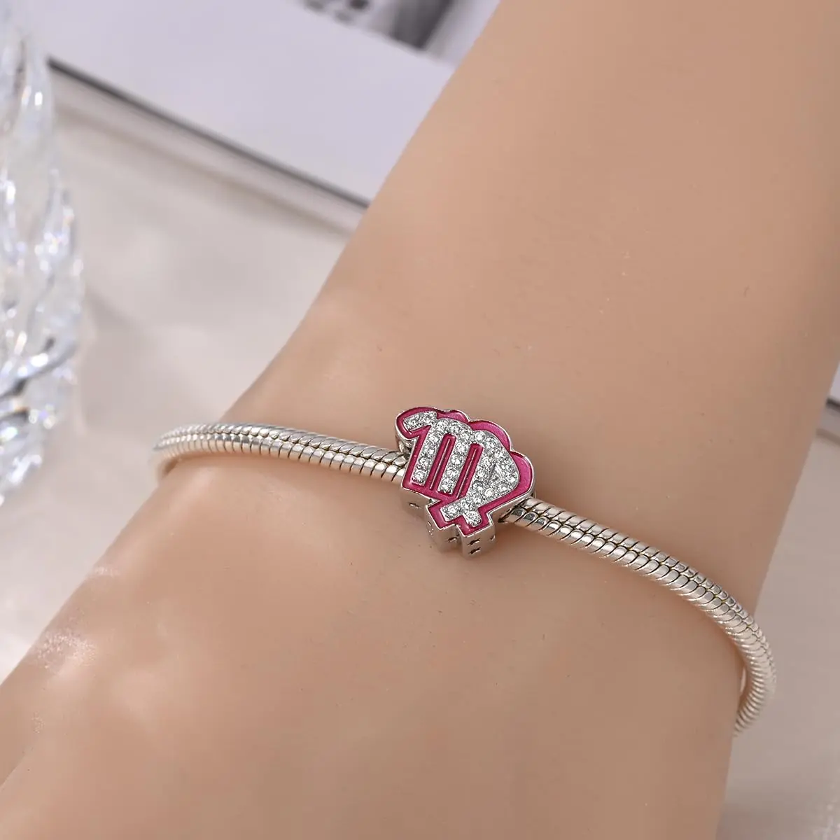 LIGHTDOG S925 Sterling Silver Zodiac Sign Charm | Pink Cubic Zirconia, 4.5-5mm Hole - view 3
