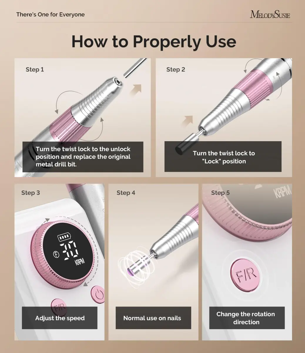MelodySusie SC330G Rechargeable Nail Drill 30000RPM | Built-in Stand, Rose Gold, 12h Battery - view 5