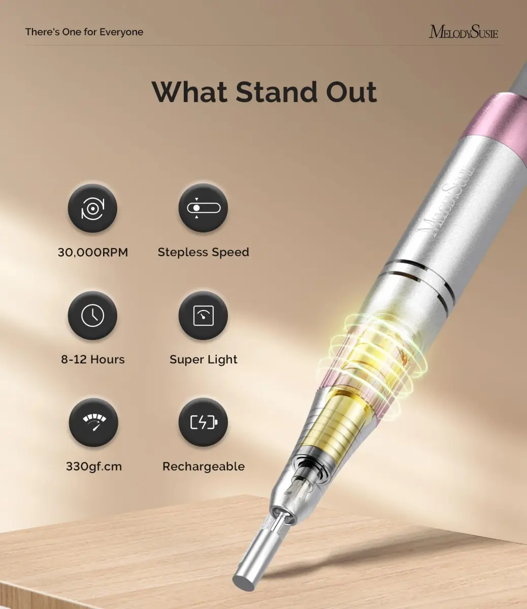 MelodySusie SC330G Rechargeable Nail Drill 30000RPM | Built-in Stand, Rose Gold, 12h Battery - view 4