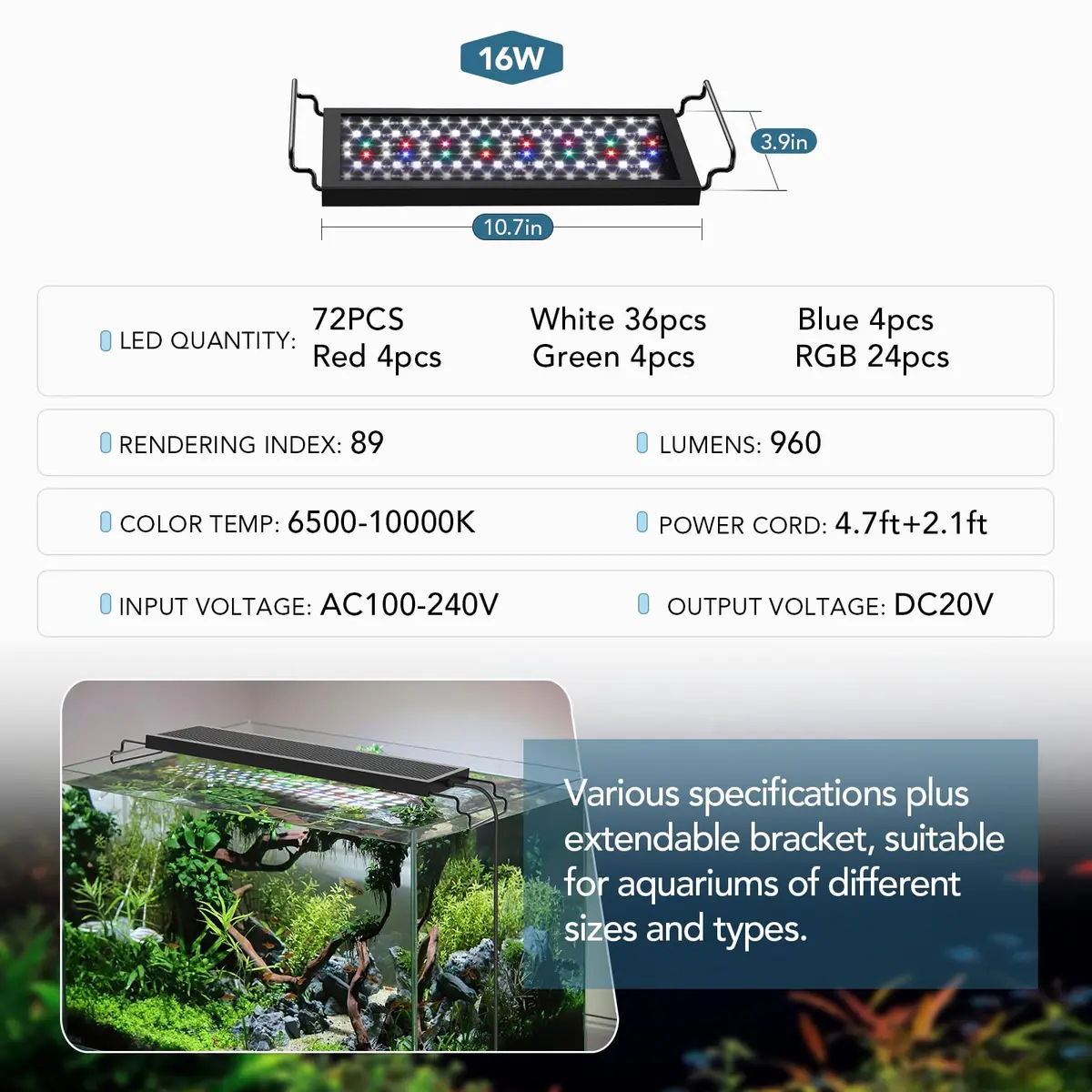 hygger 24/7 Customizable Aquarium LED Light 16W (0.45 kg) | Full Spectrum Planted Fish Tank Light with Sunrise Sunset Moonlight - view 7