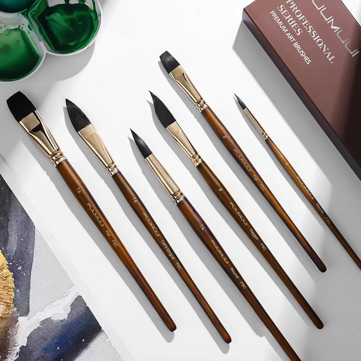 Fuumuui Watercolor Brushes Professional 10Pcs Synthetic Squirrel Hair Paint Brush Set with Flat, Round, Dagger, Cat's Tongue Oval Wash Shapes | Artist & Beginner Friendly - view 8