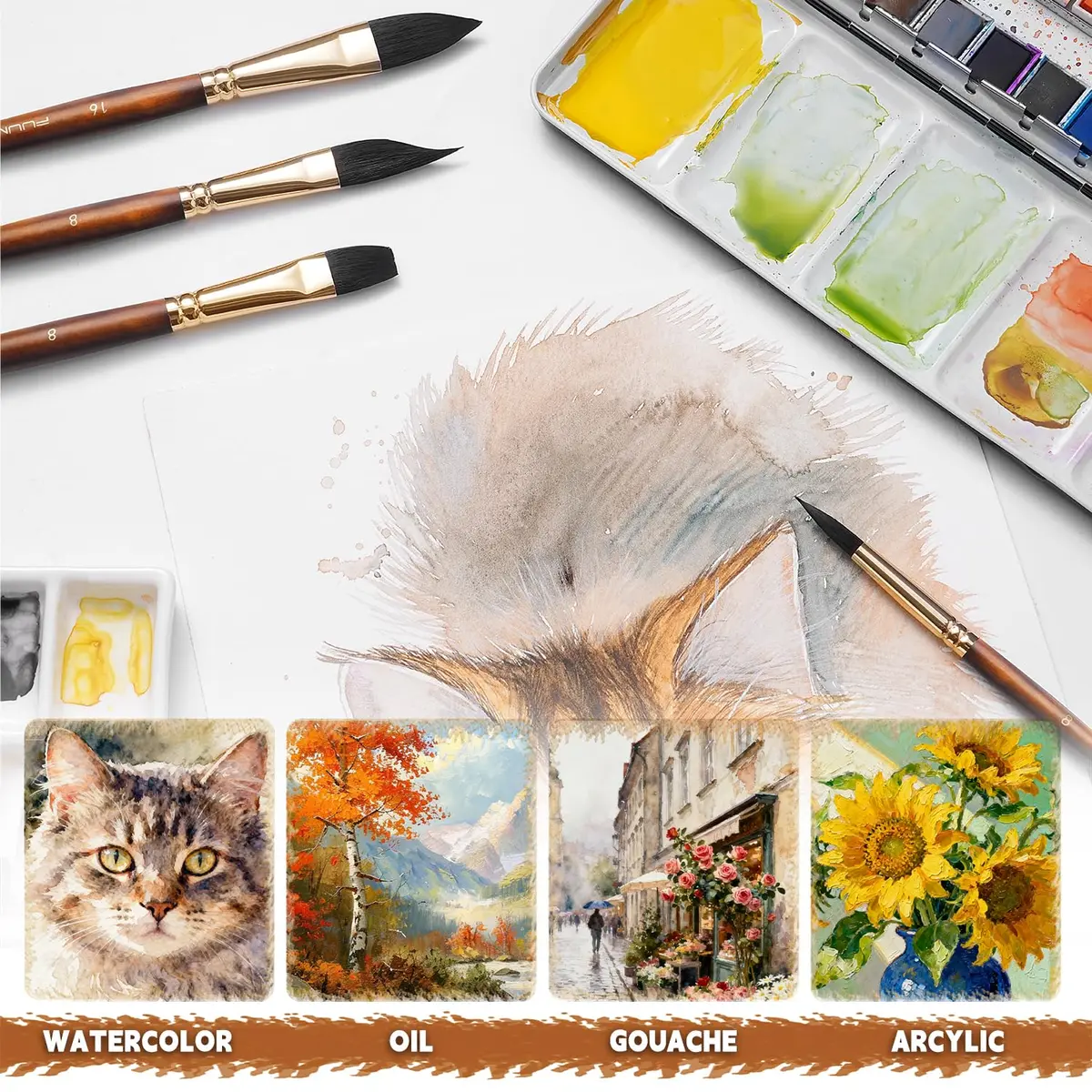 Fuumuui Watercolor Brushes Professional 10Pcs Synthetic Squirrel Hair Paint Brush Set with Flat, Round, Dagger, Cat's Tongue Oval Wash Shapes | Artist & Beginner Friendly - view 9