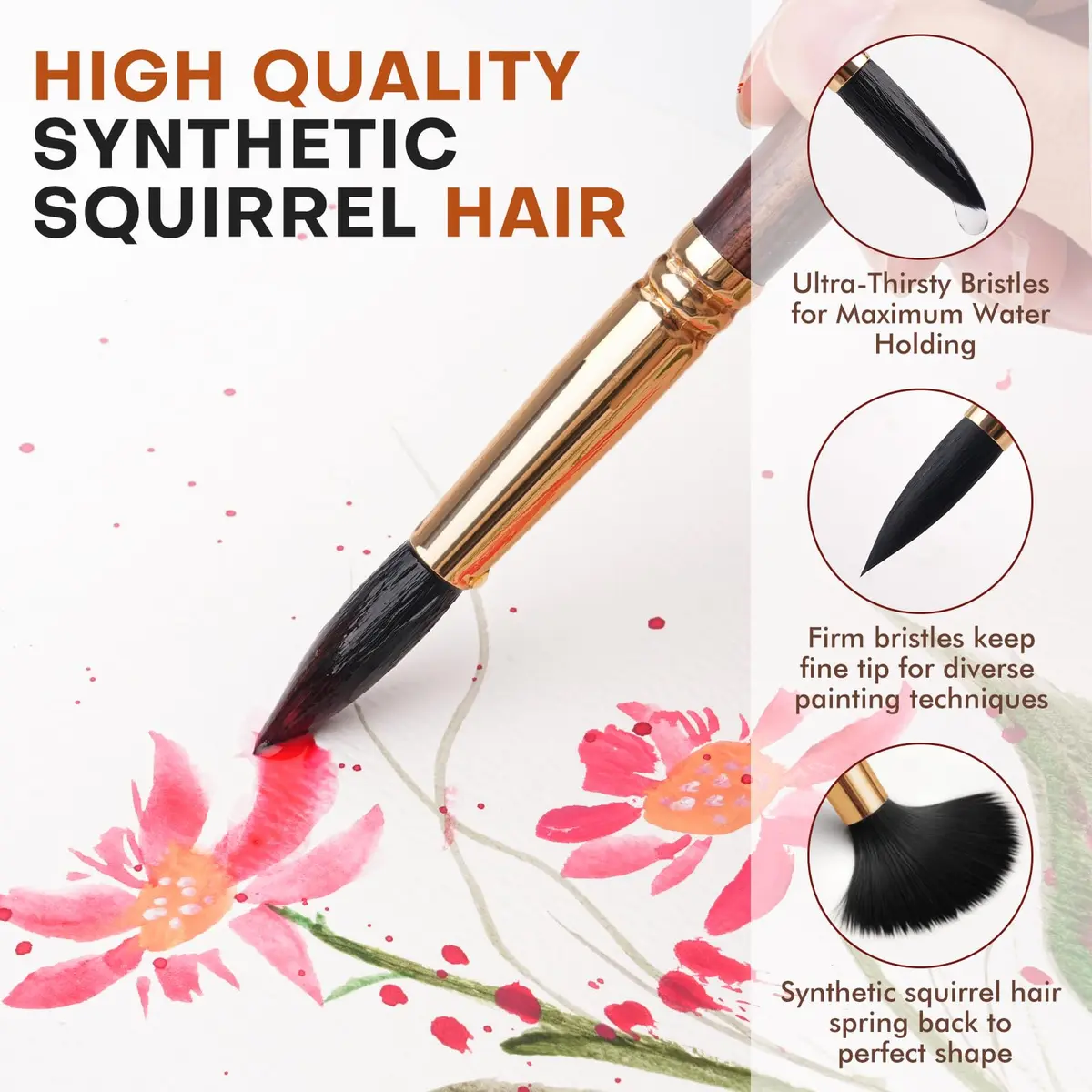 Fuumuui Watercolor Brushes Professional 10Pcs Synthetic Squirrel Hair Paint Brush Set with Flat, Round, Dagger, Cat's Tongue Oval Wash Shapes | Artist & Beginner Friendly - view 3
