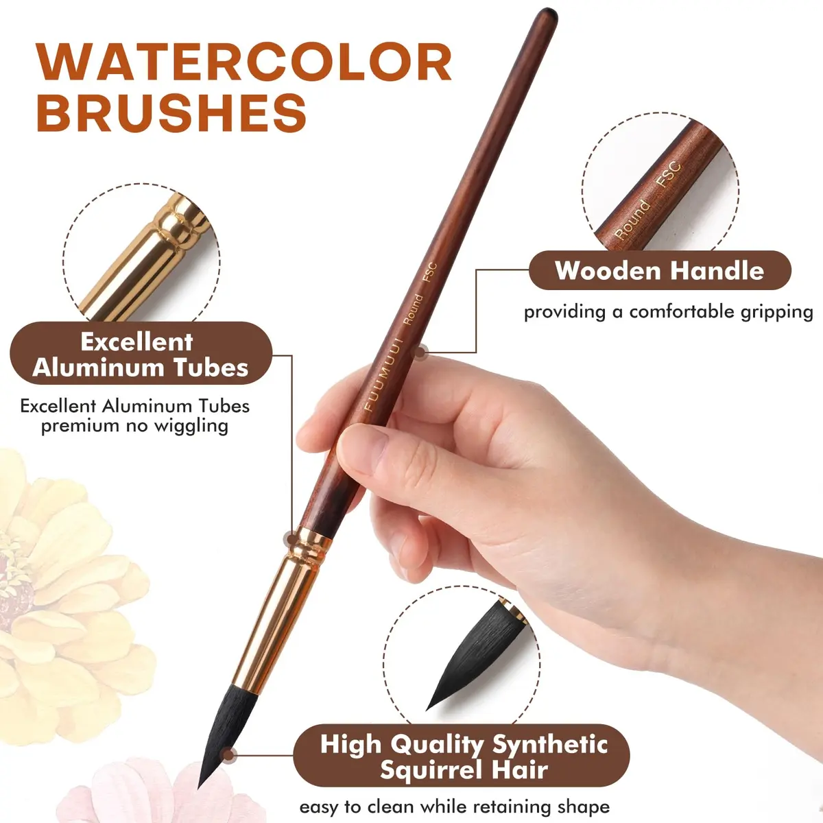 Fuumuui Watercolor Brushes Professional 10Pcs Synthetic Squirrel Hair Paint Brush Set with Flat, Round, Dagger, Cat's Tongue Oval Wash Shapes | Artist & Beginner Friendly - view 4