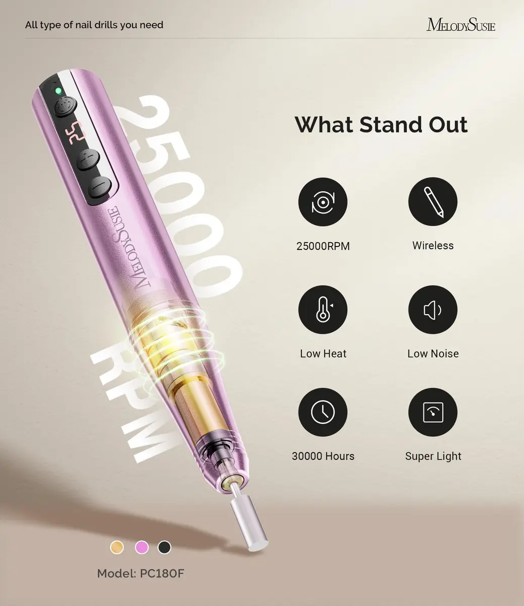 MelodySusie PC180F Cordless Nail Drill 25000RPM Rose Gold | Professional Electric File for All Nail Care - view 4