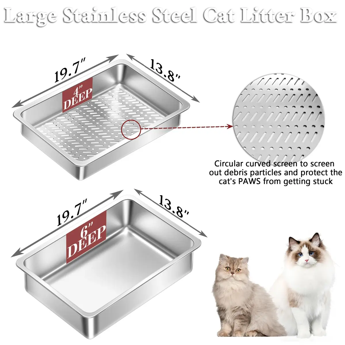 Tehoao Stainless Steel Sifting Cat Litter Box XL 49.5cm x 34.3cm x 16.5cm | Low Dust Odor Control - view 5