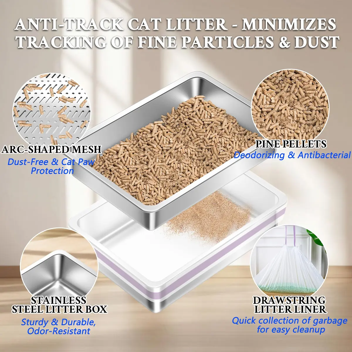 Tehoao Stainless Steel Sifting Cat Litter Box XL 49.5cm x 34.3cm x 16.5cm | Low Dust Odor Control - view 3