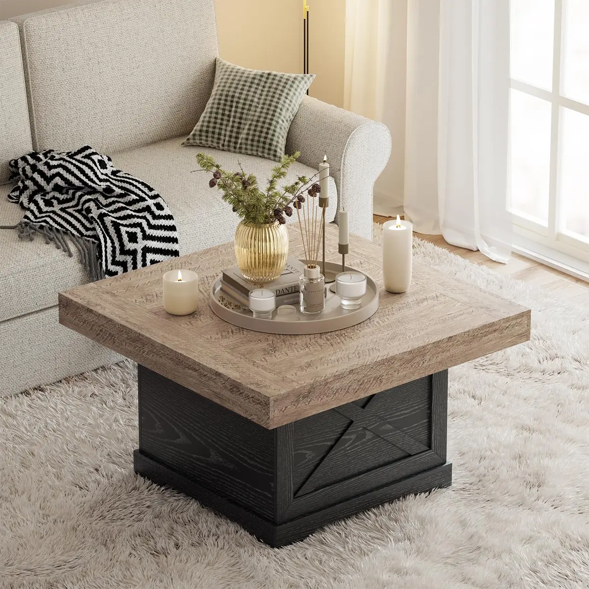 Lareth Rustic Coffee Table 31.5 in Square with X-Design | Space-Saving, Easy Assembly - view 5