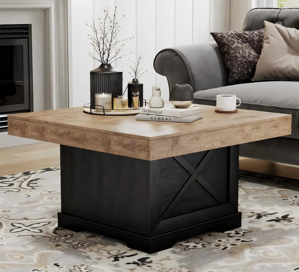 Lareth Rustic Coffee Table 31.5 in Square with X-Design | Space-Saving, Easy Assembly - main product image