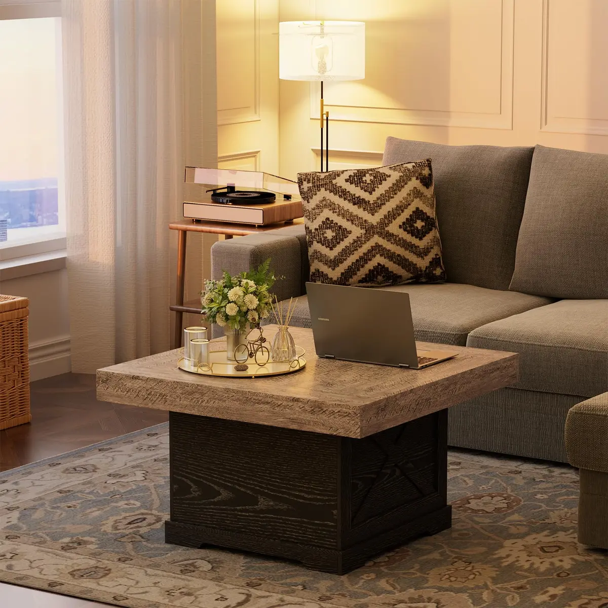 Lareth Rustic Coffee Table 31.5 in Square with X-Design | Space-Saving, Easy Assembly - view 7