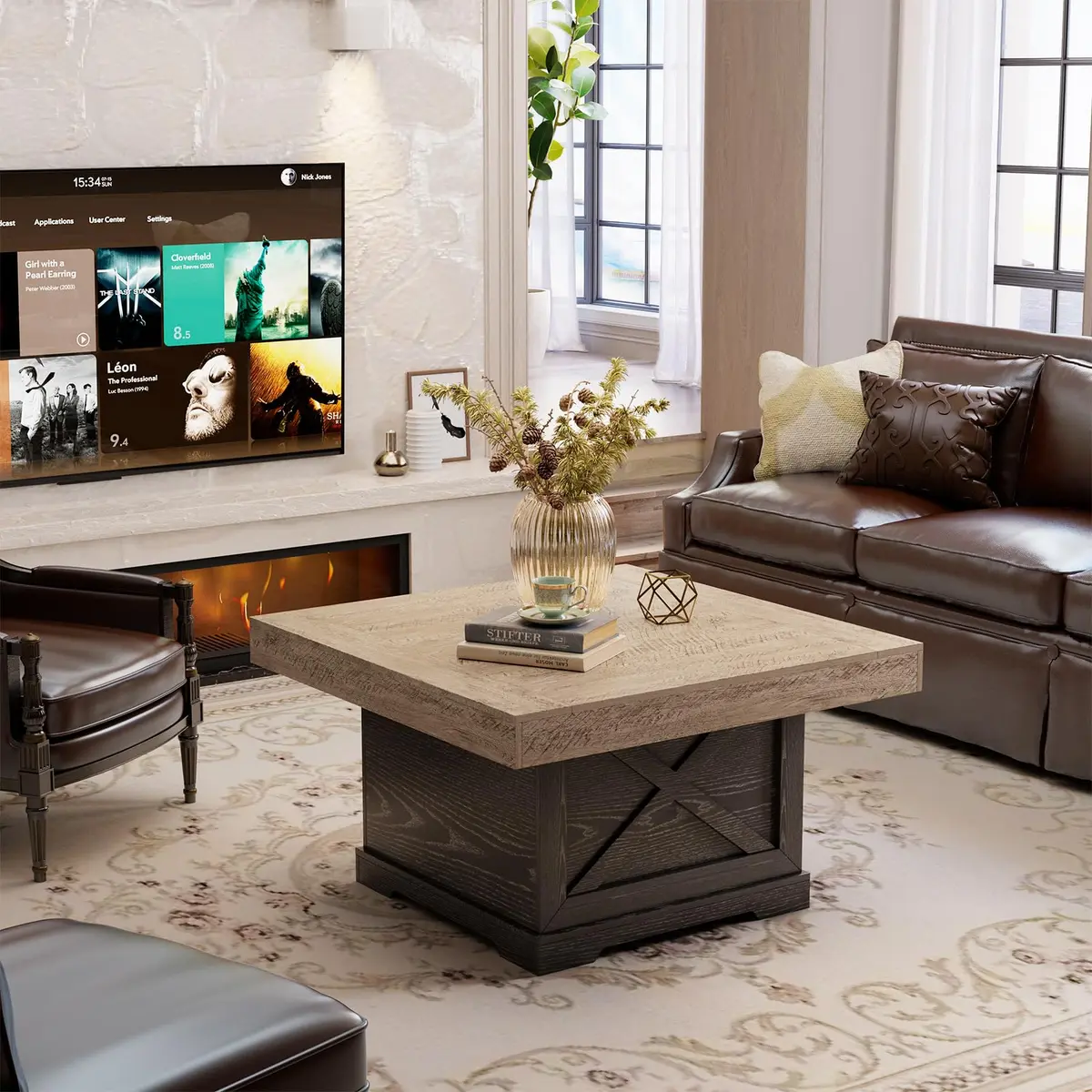 Lareth Rustic Coffee Table 31.5 in Square with X-Design | Space-Saving, Easy Assembly - view 8