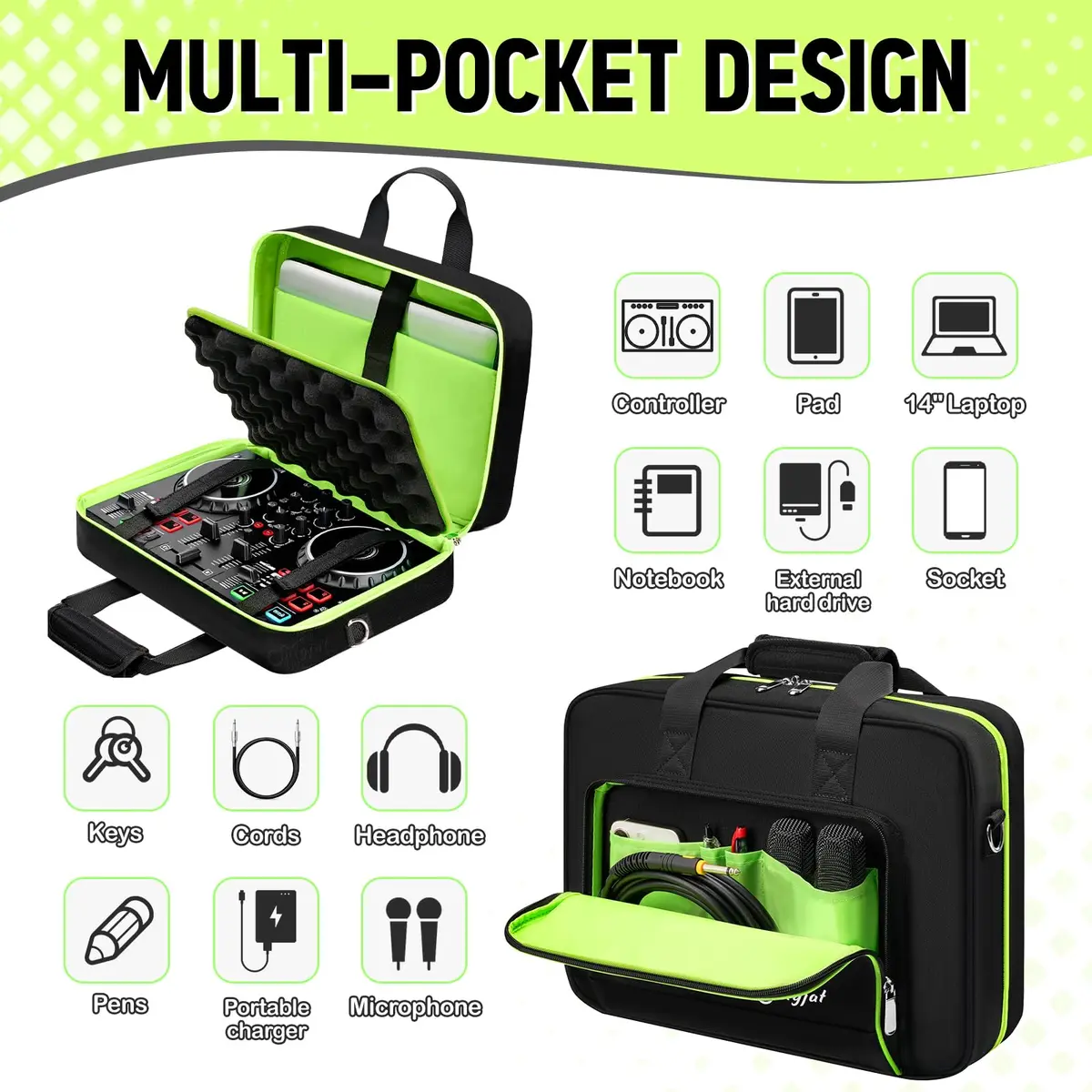 SNIGJAT DJ Controller Case for Hercules Inpulse 200/Numark Party Mix II | Water-Resistant, Multi-Pocket DJ Gig Bag - view 3