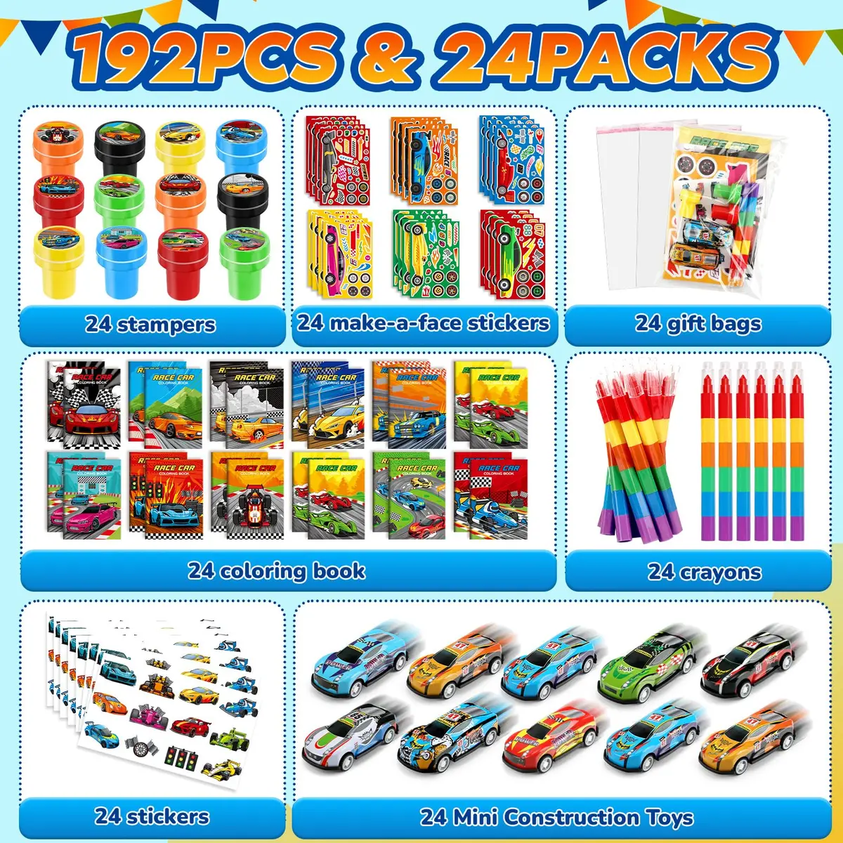 BenLouis Race Car Coloring Set for Kids | 168-Piece Party Favors with Mini Toys & Stickers - view 2