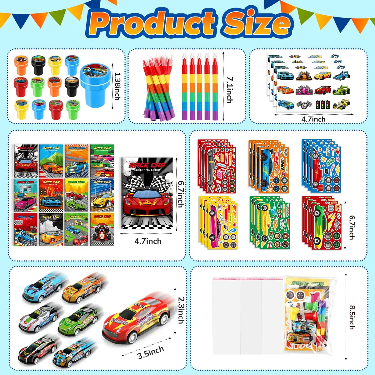BenLouis Race Car Coloring Set for Kids | 168-Piece Party Favors with Mini Toys & Stickers - view 3