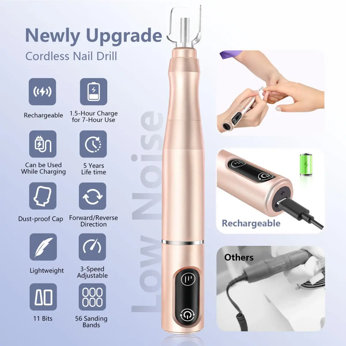 TUOBEO Cordless Nail Drill Electric Nail File Kit, Rechargeable Efile Set with 11 Bits & 56 Sanding Bands | 20,000 RPM Professional Portable - view 4