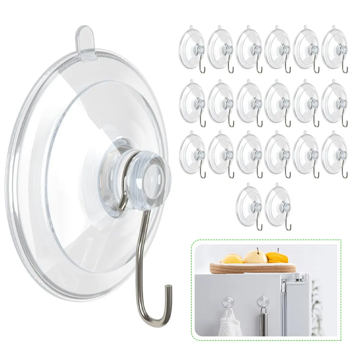 Hangerspace Suction Cup Hooks, 20 Pack | Clear PVC & Stainless Steel, Reusable, 1.77 Inch Diameter - main product image