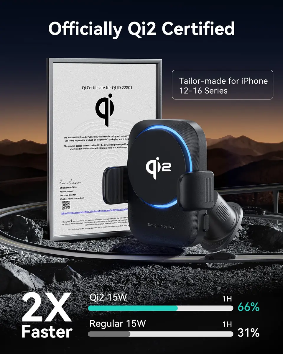 INIU 3-in-1 Magnetic Wireless Car Charger 15W | Qi2 Certified Fast Charging for iPhone 12-17 Series - view 2