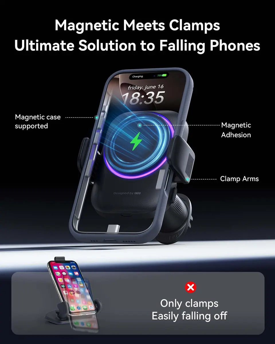INIU 3-in-1 Magnetic Wireless Car Charger 15W | Qi2 Certified Fast Charging for iPhone 12-17 Series - view 3
