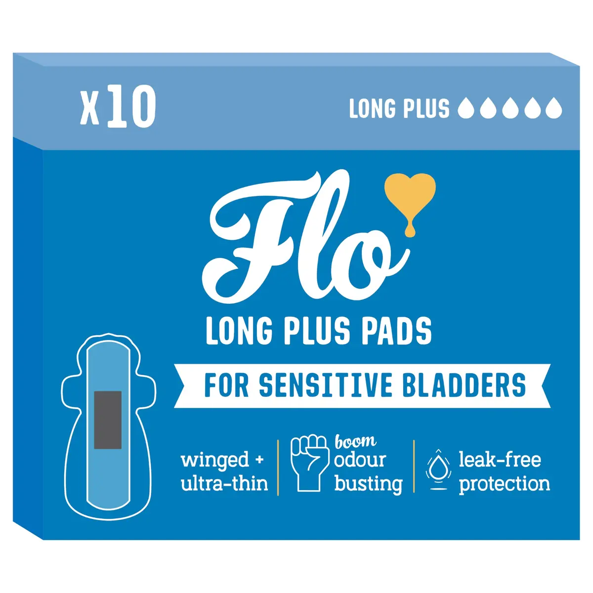 FLO Sensitive Bladder Long Plus Pads 10 Pack | Ultra-Thin Organic Bamboo, Breathable & Leakproof for Women - main product image